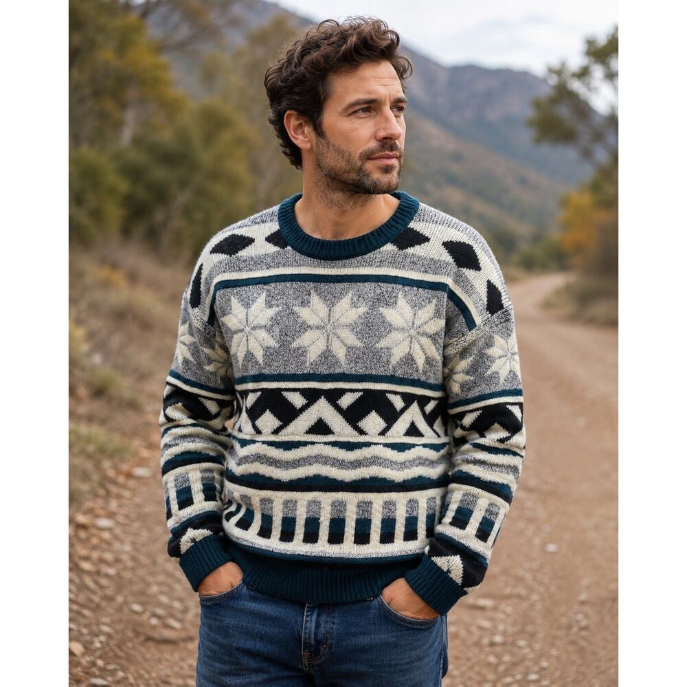 Vintage 90s men’s Knightsbridge Snowflake Geometric Knit Sweater Size XL